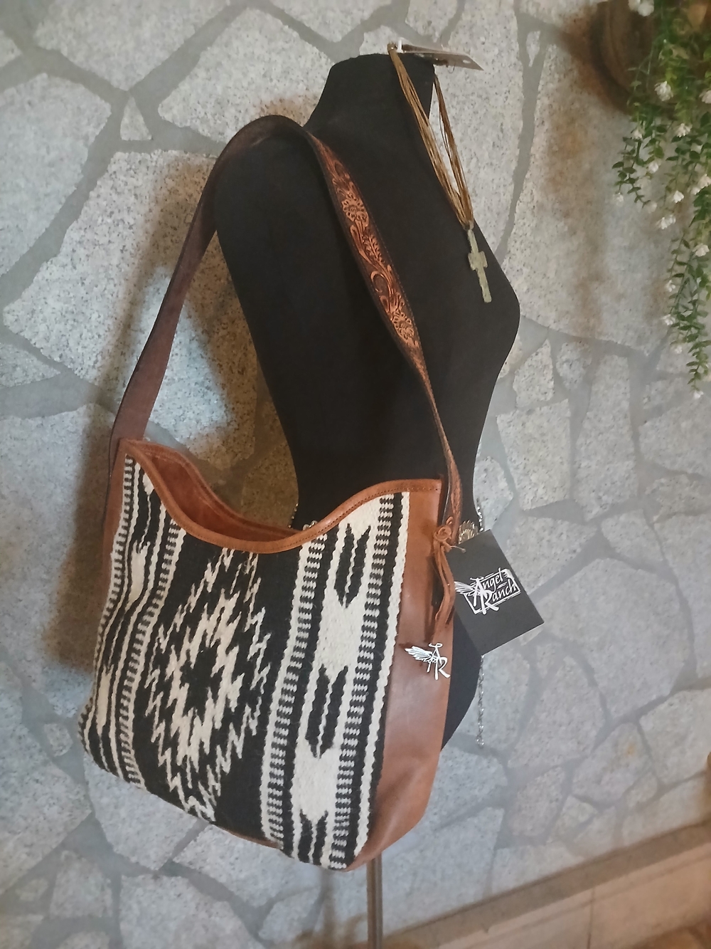 Southwestern Black & Brown Woven Shoulder Bag with Leather Trim
